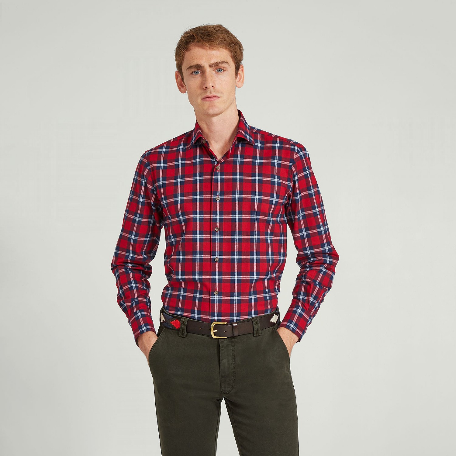 red and navy check shirt