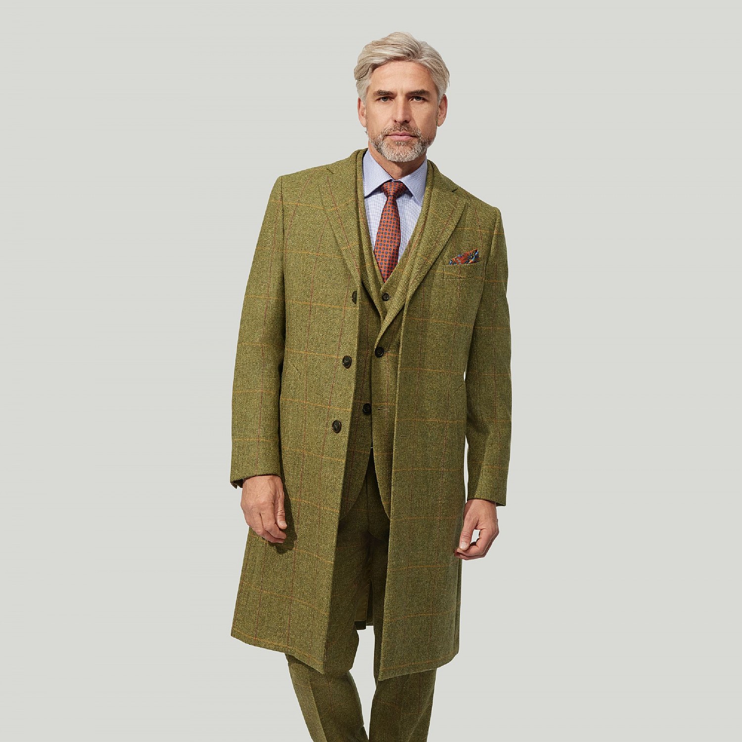 Olive Green Check Long Wool Coat