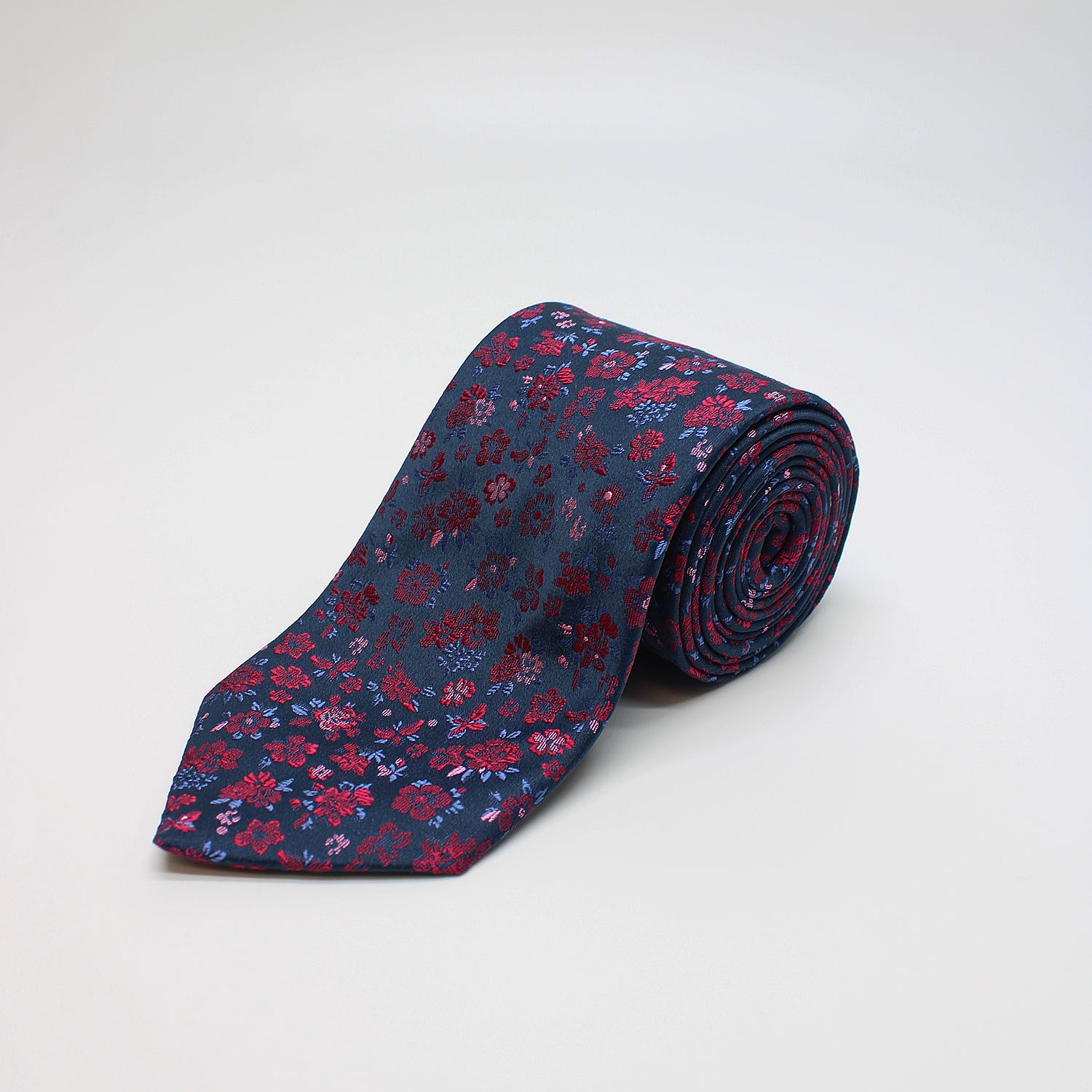 Navy and Red Large Floral Woven Silk Tie