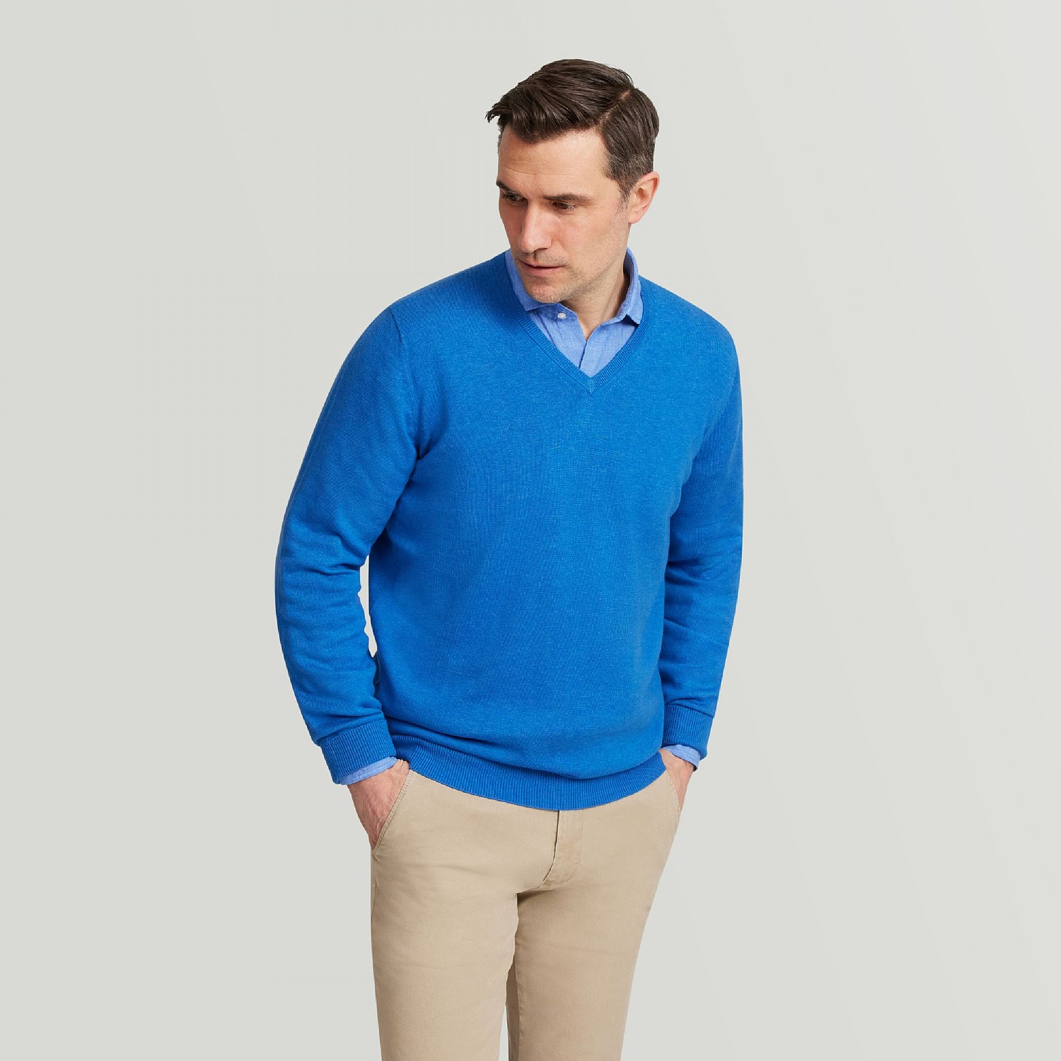 Men s Bright Blue Cotton Cashmere V Neck Jumper